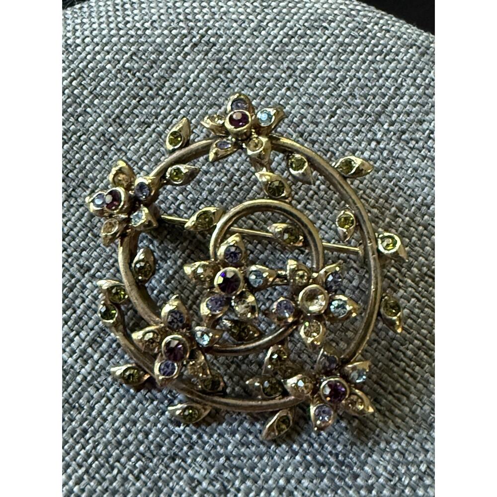 Vintage Signed Monet Gold Tone Multicolored Rhinestone Swirl & Floral Brooch Pin